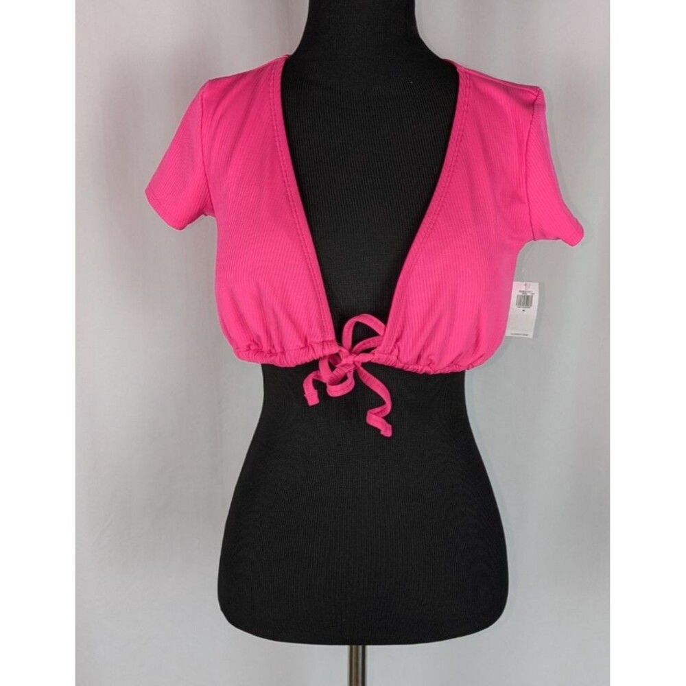 Old Navy Pink Ribbed Tie Front Bikini Swim Top Short Sleeve Crop Medium NWT